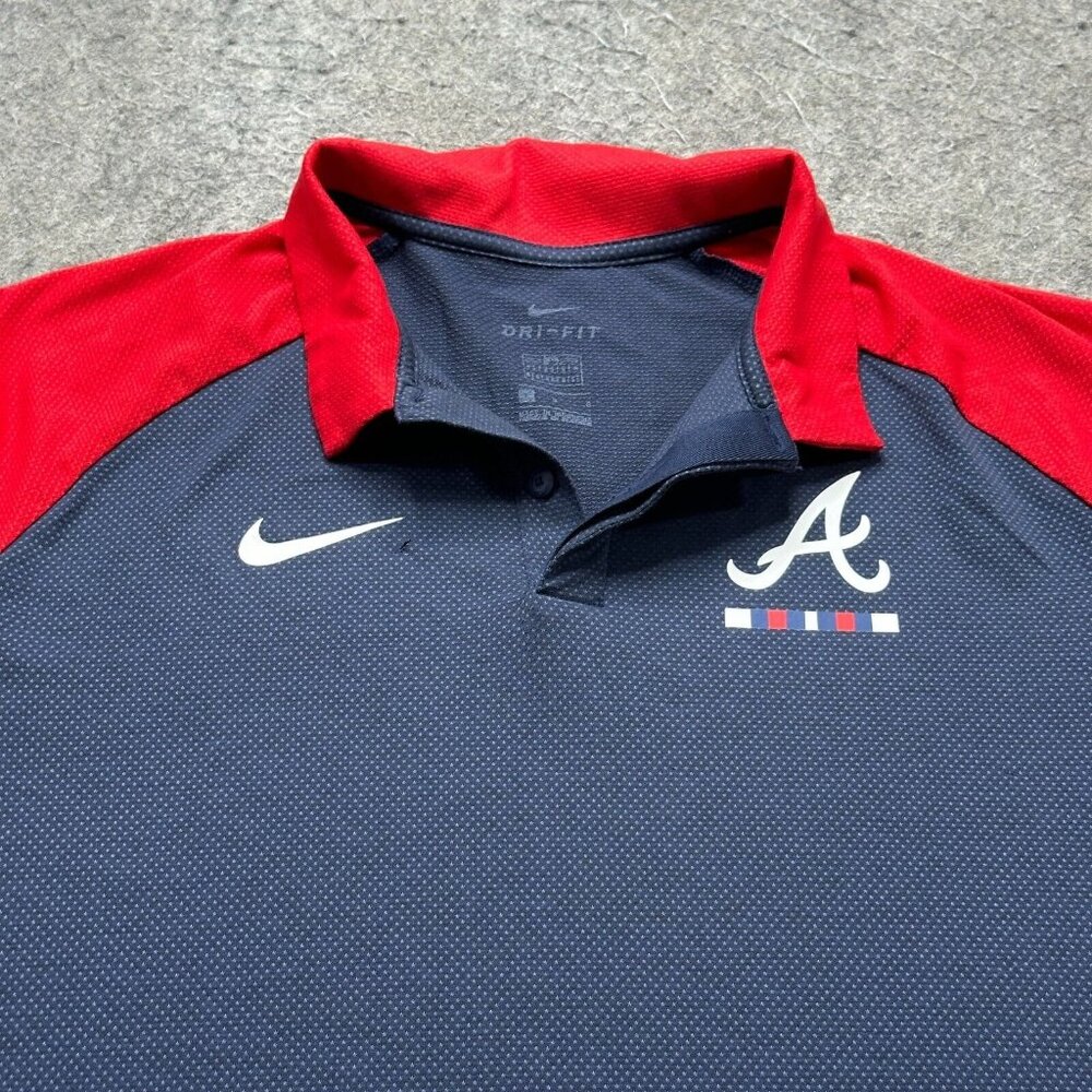 Atlanta Braves Nike Polo Shirt Men L Blue Red Baseball Performance Colorblock